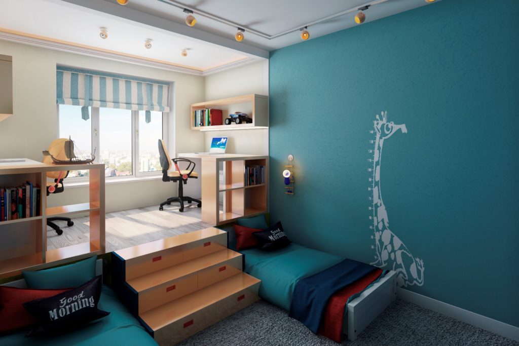 Dizajn dječje sobe za dvoje heteroseksualne djece, krevet ispod piste.