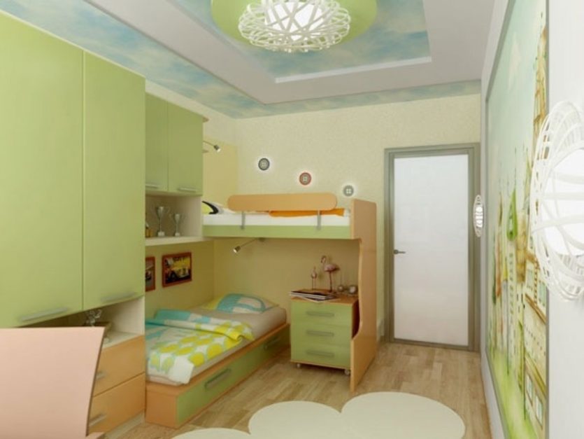 Dizajn dječje sobe za dvoje heteroseksualne djece.Svijetlih boja.