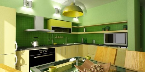 การผสมสีการตกแต่งภายในห้องครัวสีเขียวและสีเหลือง
