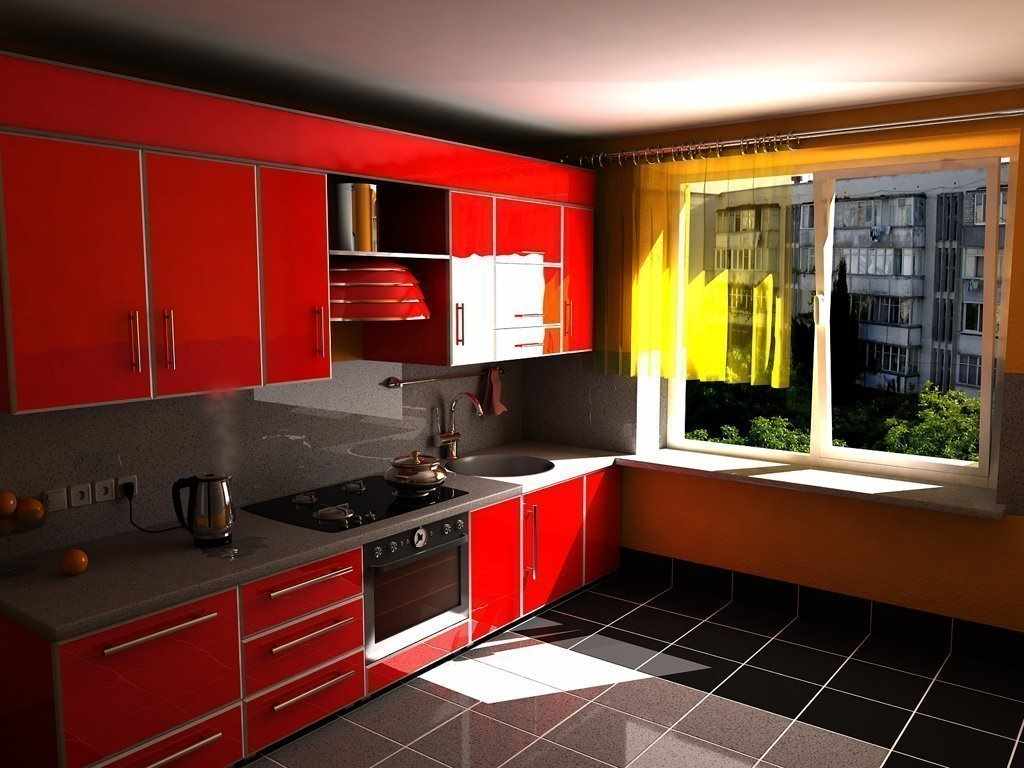 un exemple d'un intérieur inhabituel d'une cuisine rouge