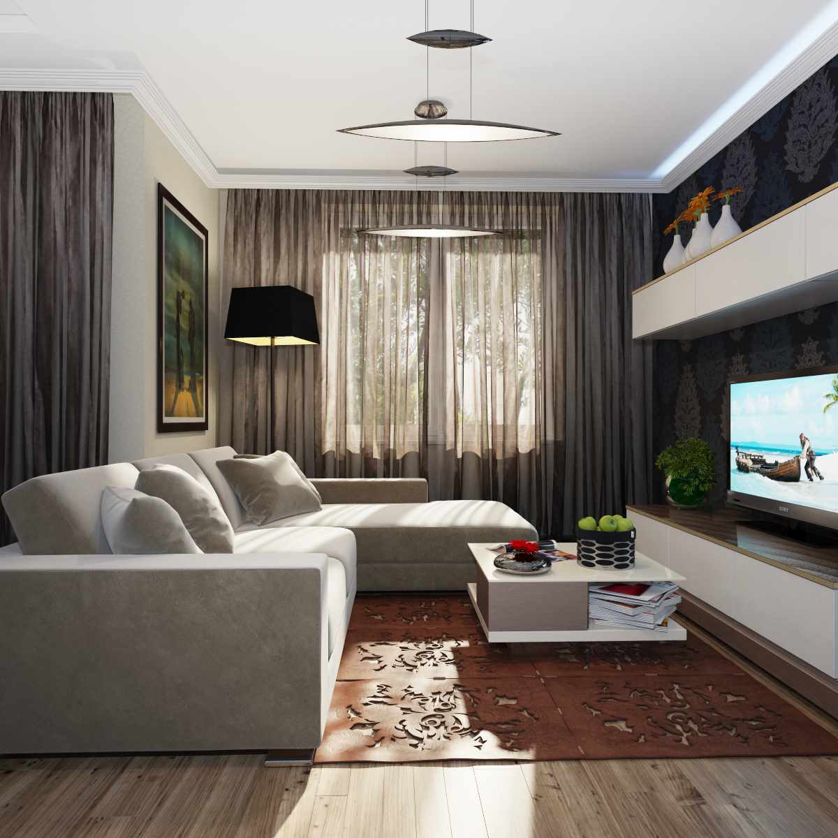 مثال على تصميم غير عادي لغرفة المعيشة 19-20 متر مربع