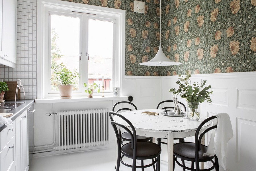 Vinyl wallpaper in the dining area of ​​modern kitchen