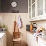 Laikrodis ant pilkos virtuvės sienos miesto bute