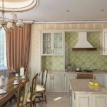 Kitchen design with brown curtains.