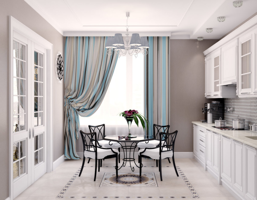 Classic kitchen design with striped curtains.