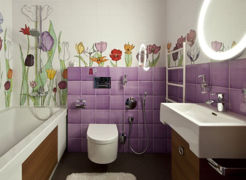 Lilac tile on the small bathroom wall