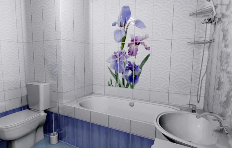 Banyoda plastik paneller üzerinde Eflatun çiçekler