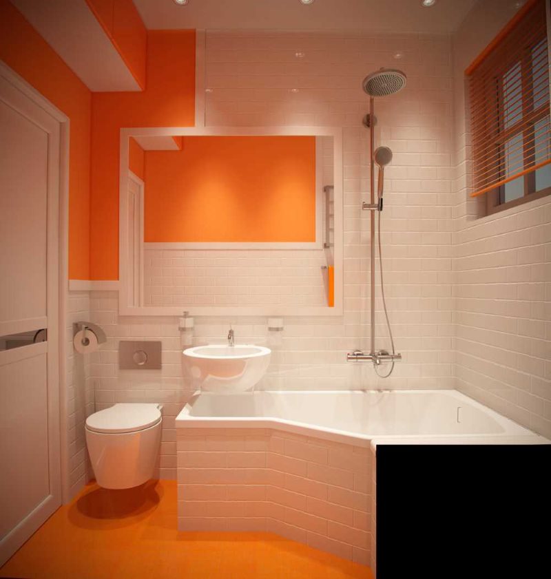 Oranžinė spalva kompaktiško vonios kambario interjere