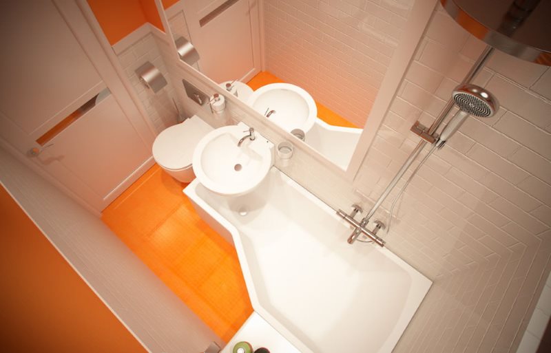 2 kv.m vonios kambario dizainas su oranžinėmis grindimis