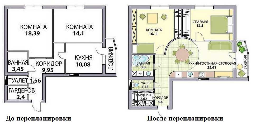 Mutfak oturma odası ile üç ruble iki odalı bir dairenin yeniden geliştirilmesi planı