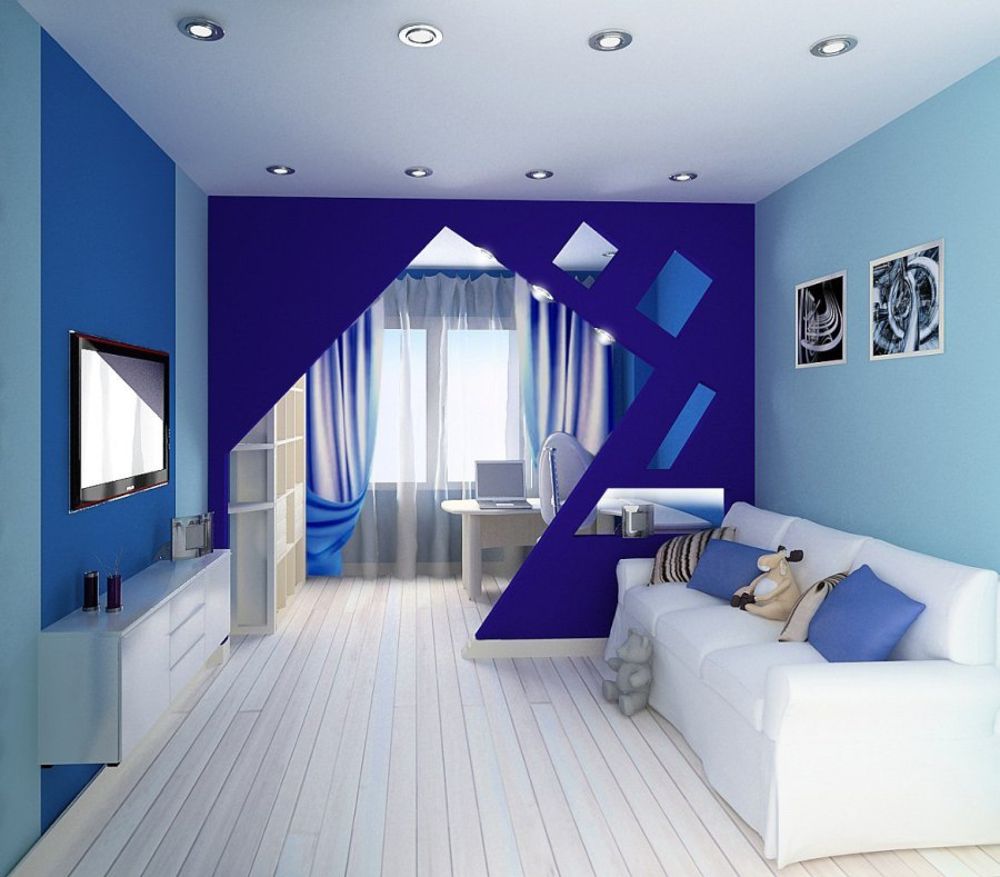 salon design dans les tons bleu et bleu 17 m2