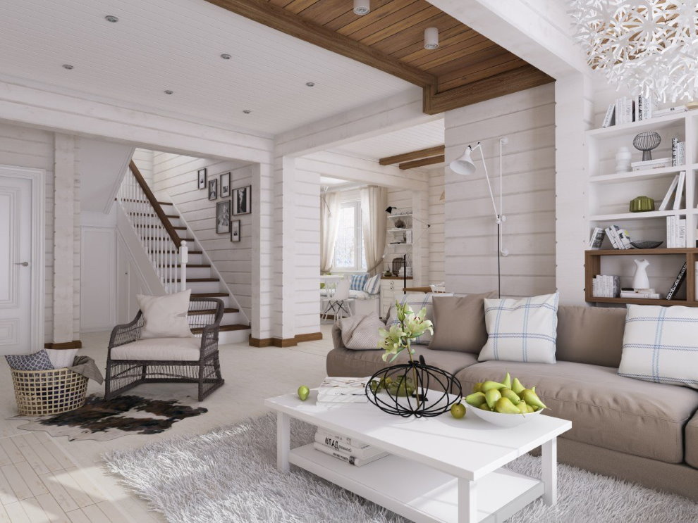 Estante flotante de pared de madera en pared de estuco organización de  almacenamiento para el hogar diseño interior de sala de estar moderna
