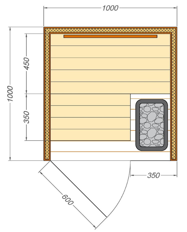 Tekening van een sauna voor plaatsing op het balkon van het appartement